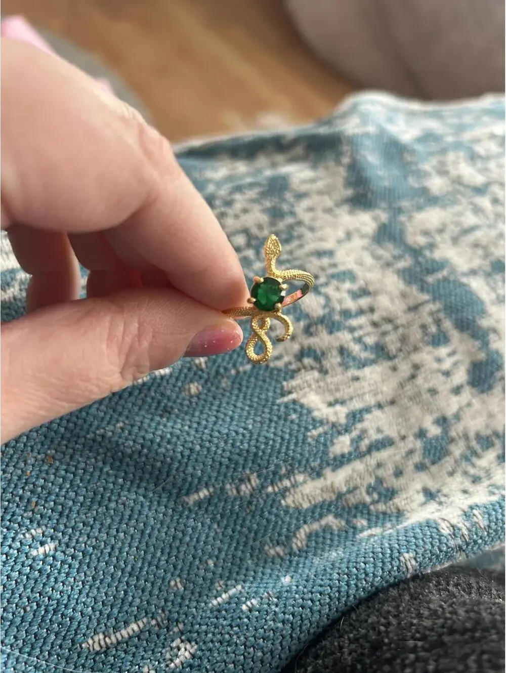 Gold Tone Snake Ring with Green Gemstone